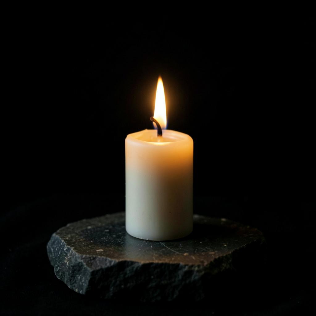 A single lit memorial candle on dark stone