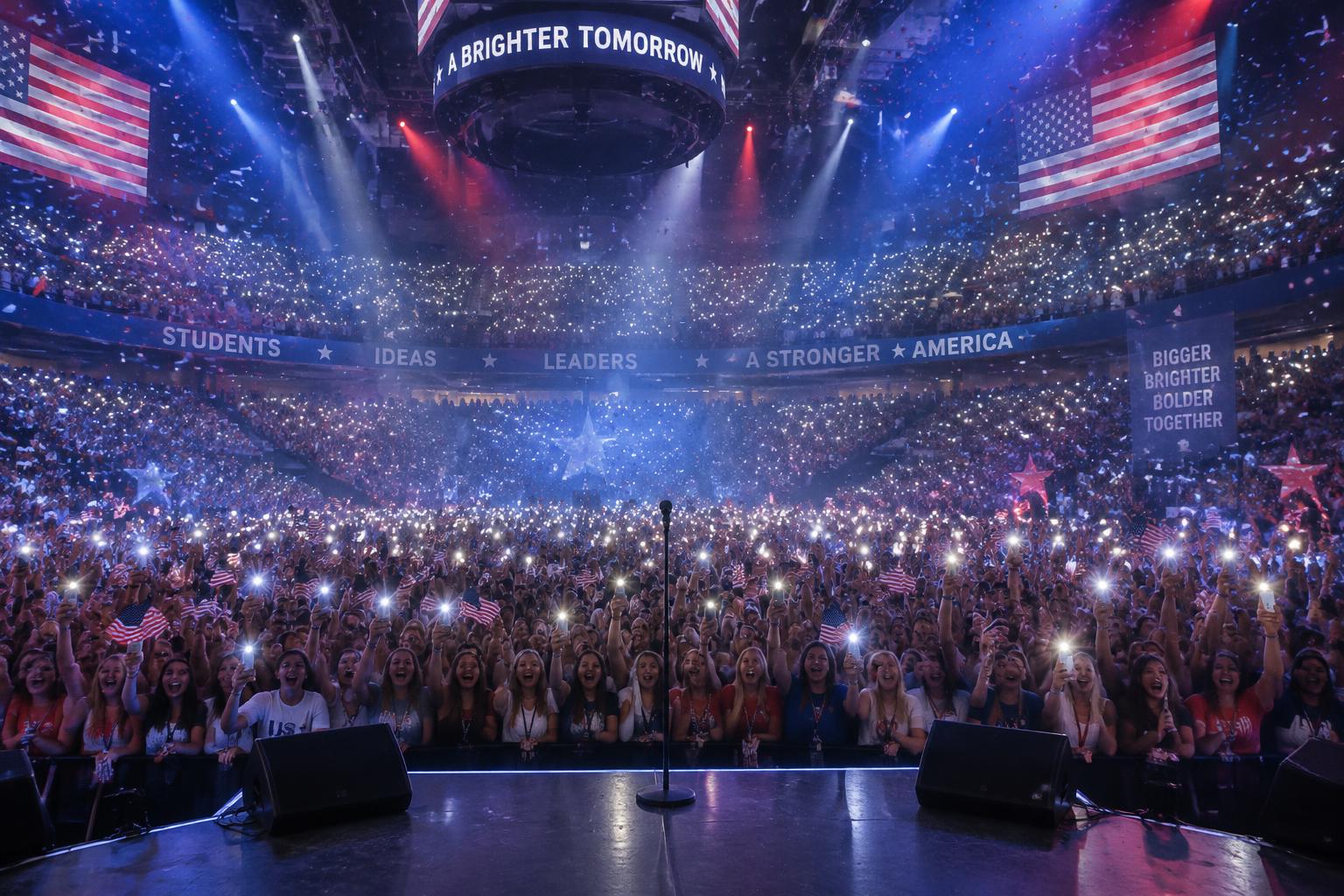 A packed arena of students holding up phone lights and American flags