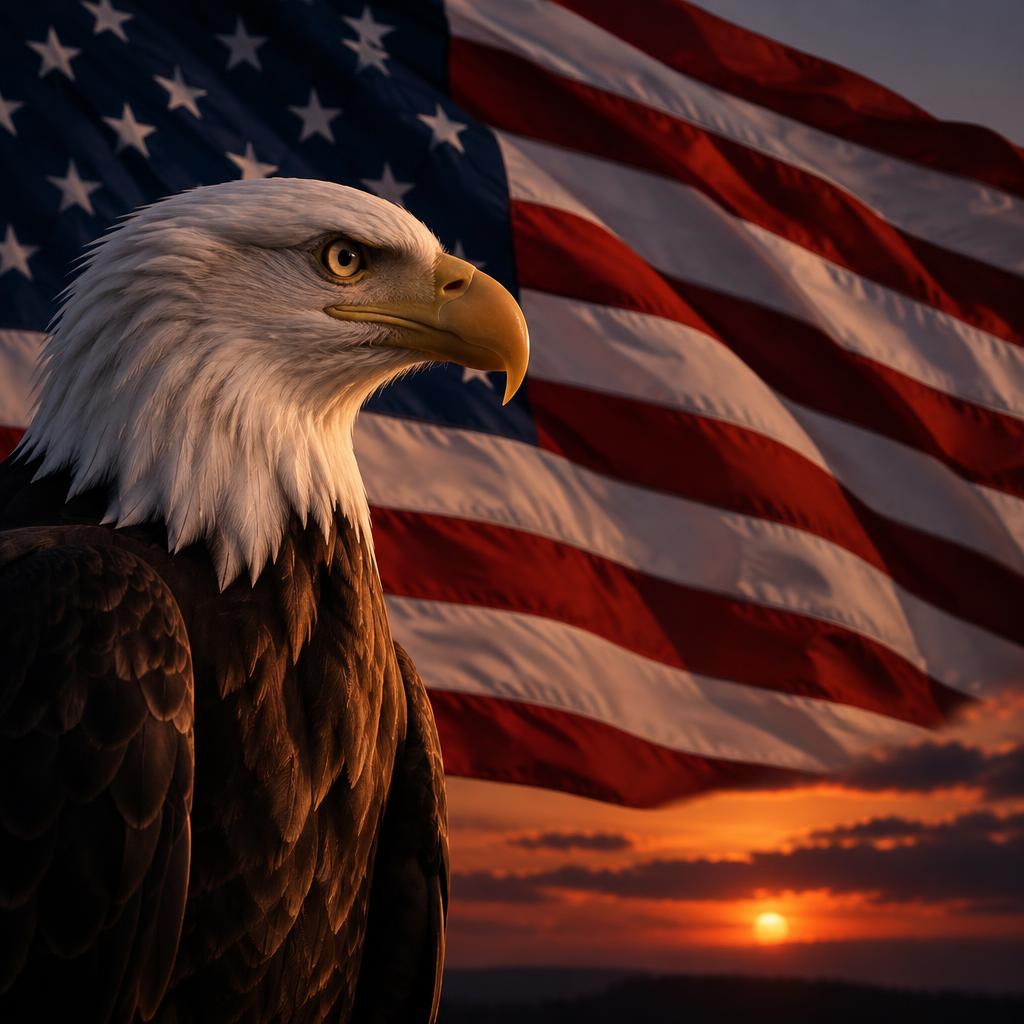 A bald eagle before an American flag at sunset