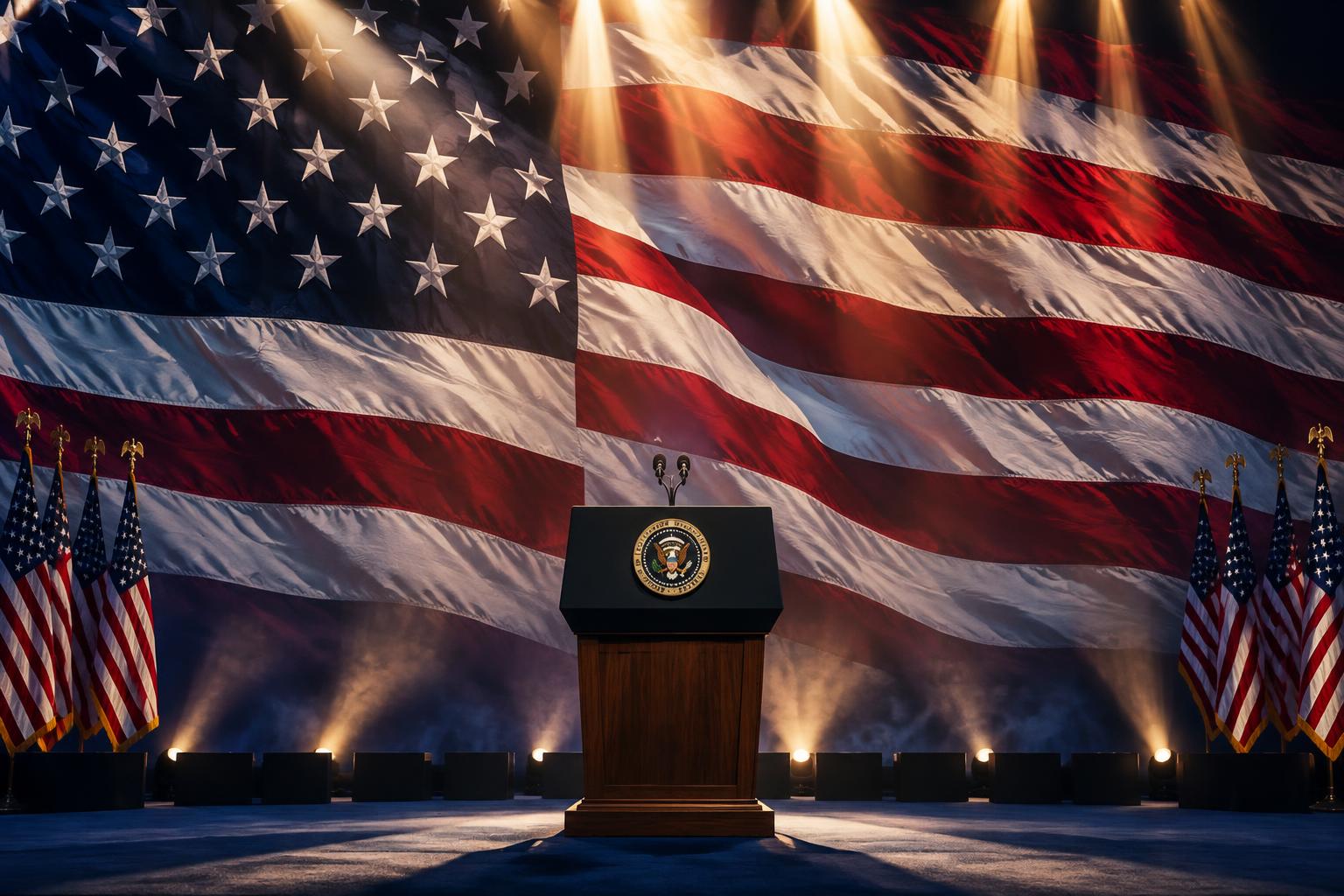 An empty podium before a vast American flag under stage lights