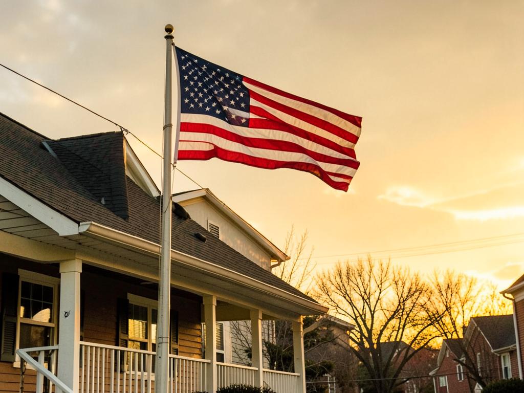 An American flag at half-staff against a golden evening sky