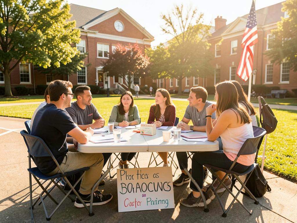 Students gathered around a folding table on a sunny campus quad