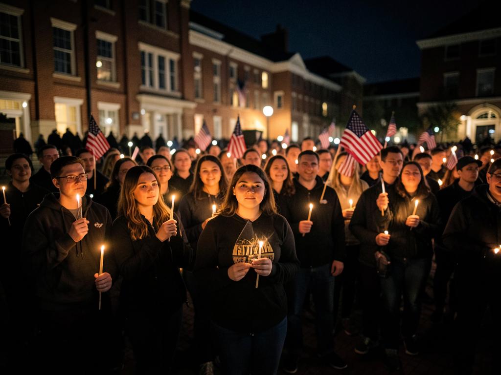 Students at a candlelight vigil holding candles and small American flags
